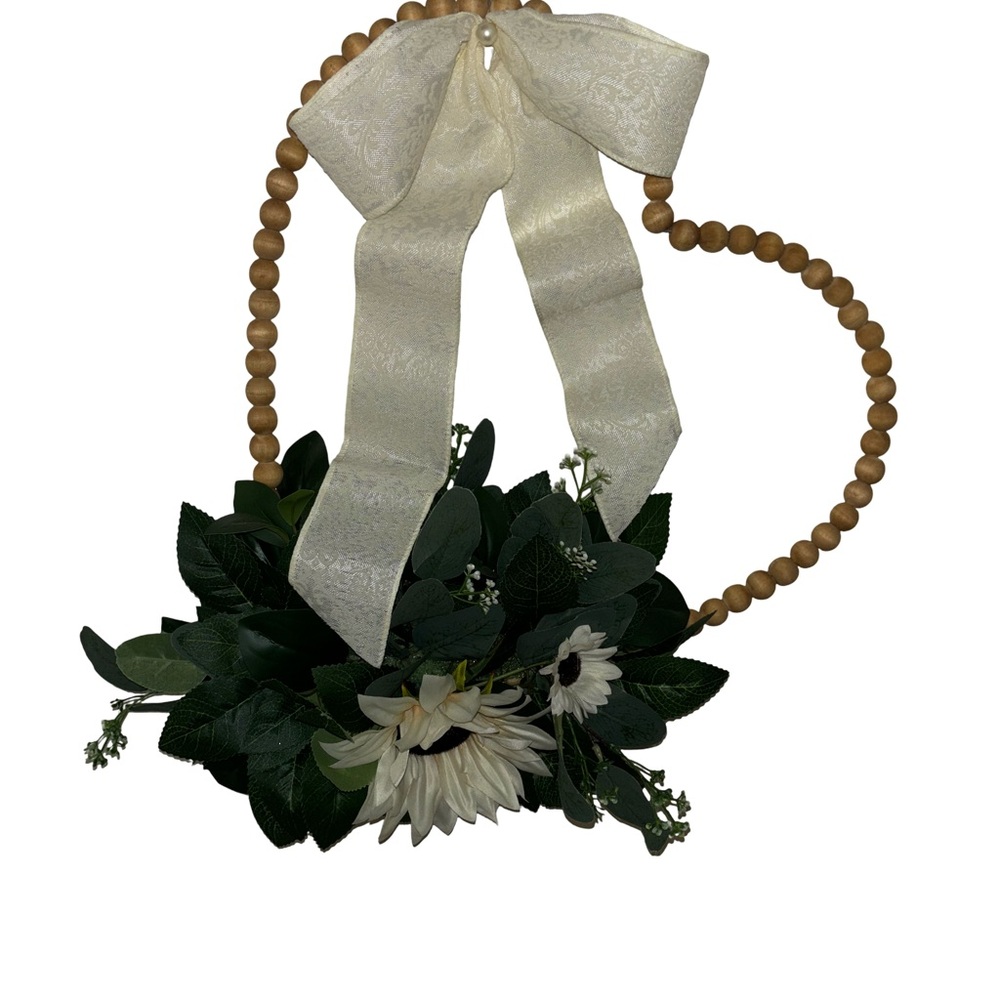 Homemade Heart Shaped Beaded Wreath with White Bow and Greenery